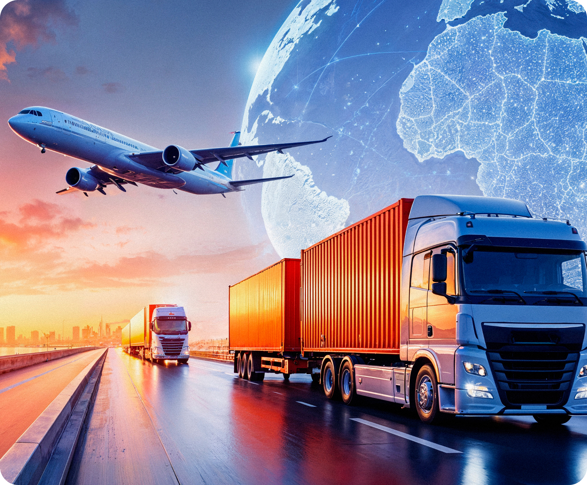 Global logistics with truck, containers and airplane