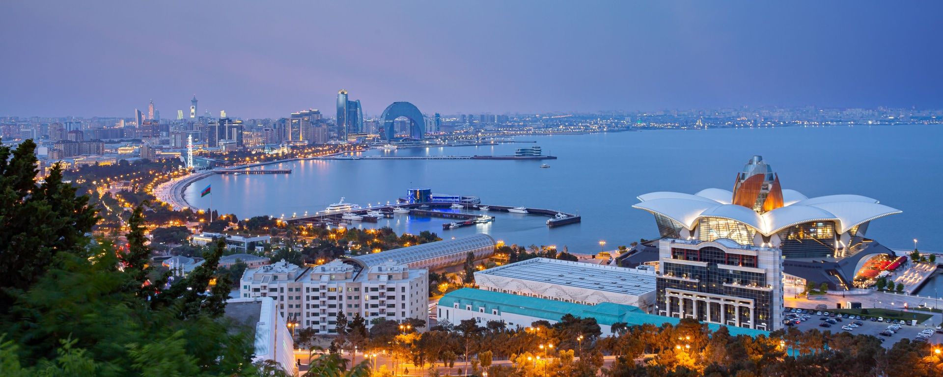 Baku Bay and skyline at dusk, Azerbaijan